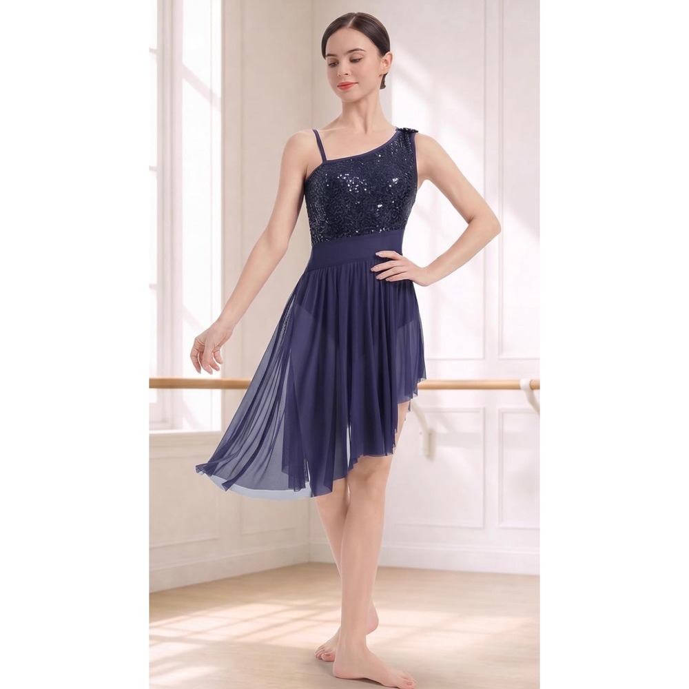 Navy Blue Sequin One Shoulder Lyrical Dance Dress with Asymmetrical Skirt Size S